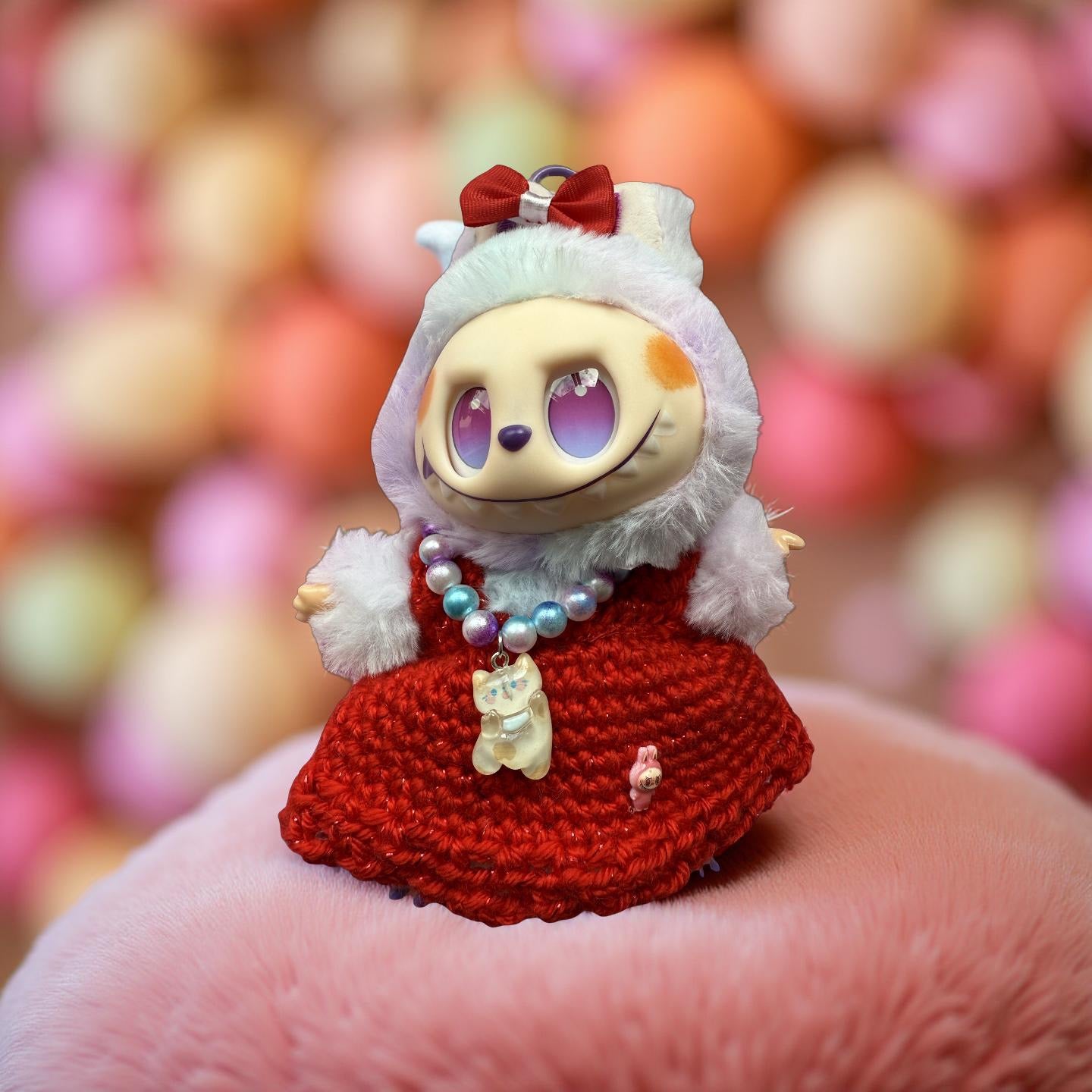 Lafufu Custom Plush – Red Crochet Dress, Bunny Hood & Lucky Cat Necklace