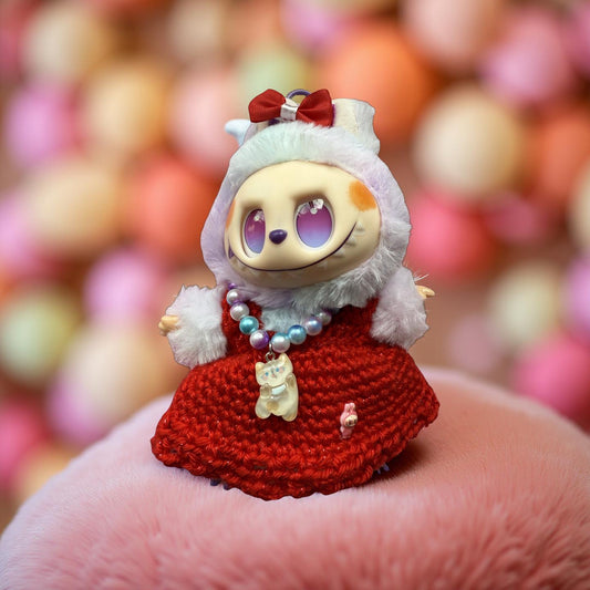 Lafufu Custom Plush – Red Crochet Dress, Bunny Hood & Lucky Cat Necklace
