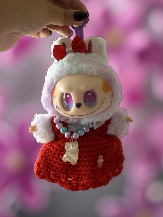 Lafufu Custom Plush – Red Crochet Dress, Bunny Hood & Lucky Cat Necklace