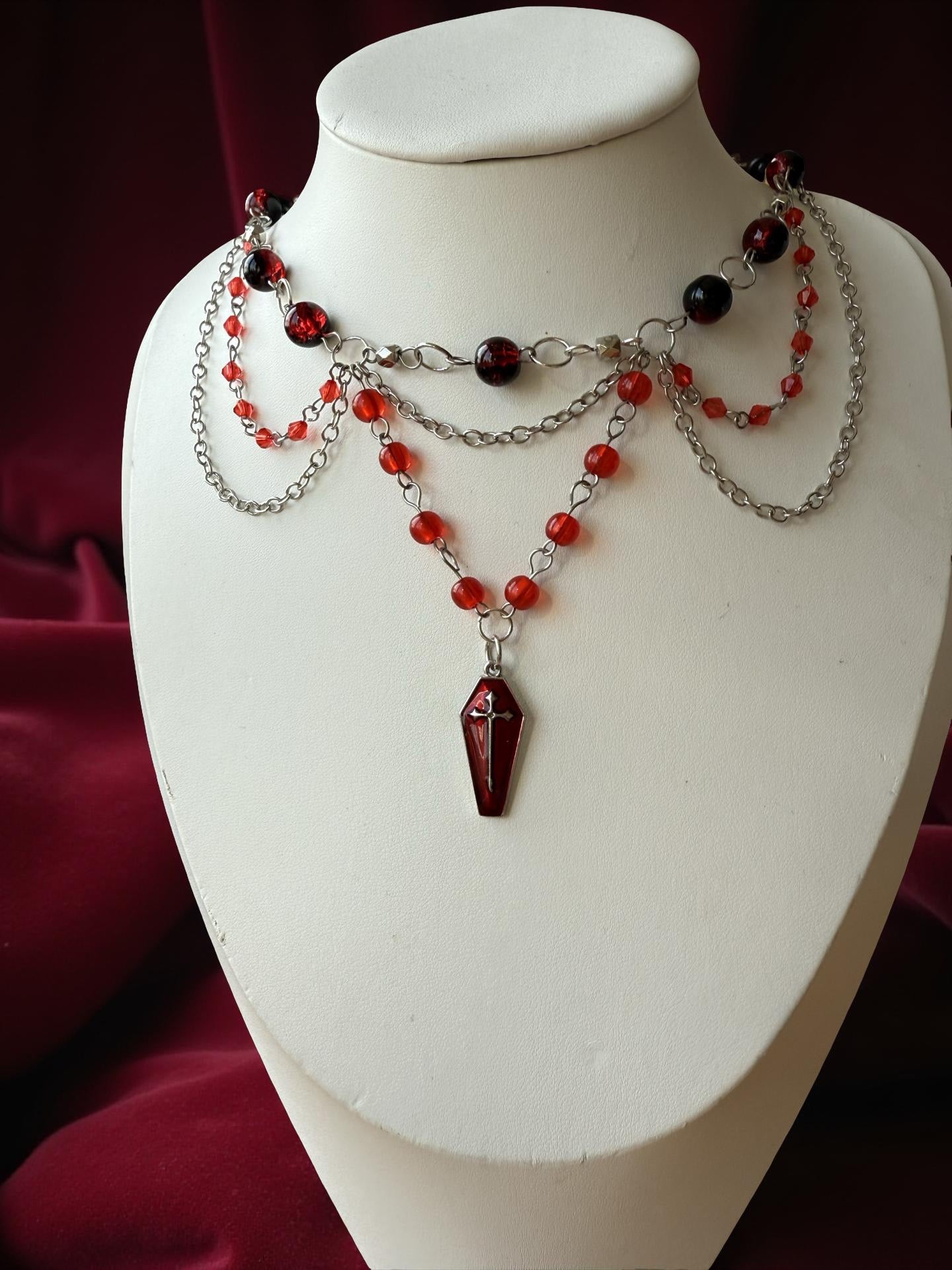 Crimson Nocturne – Gothic Red Coffin Necklace