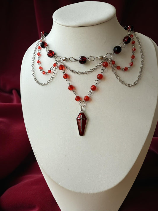 Crimson Nocturne – Gothic Red Coffin Necklace