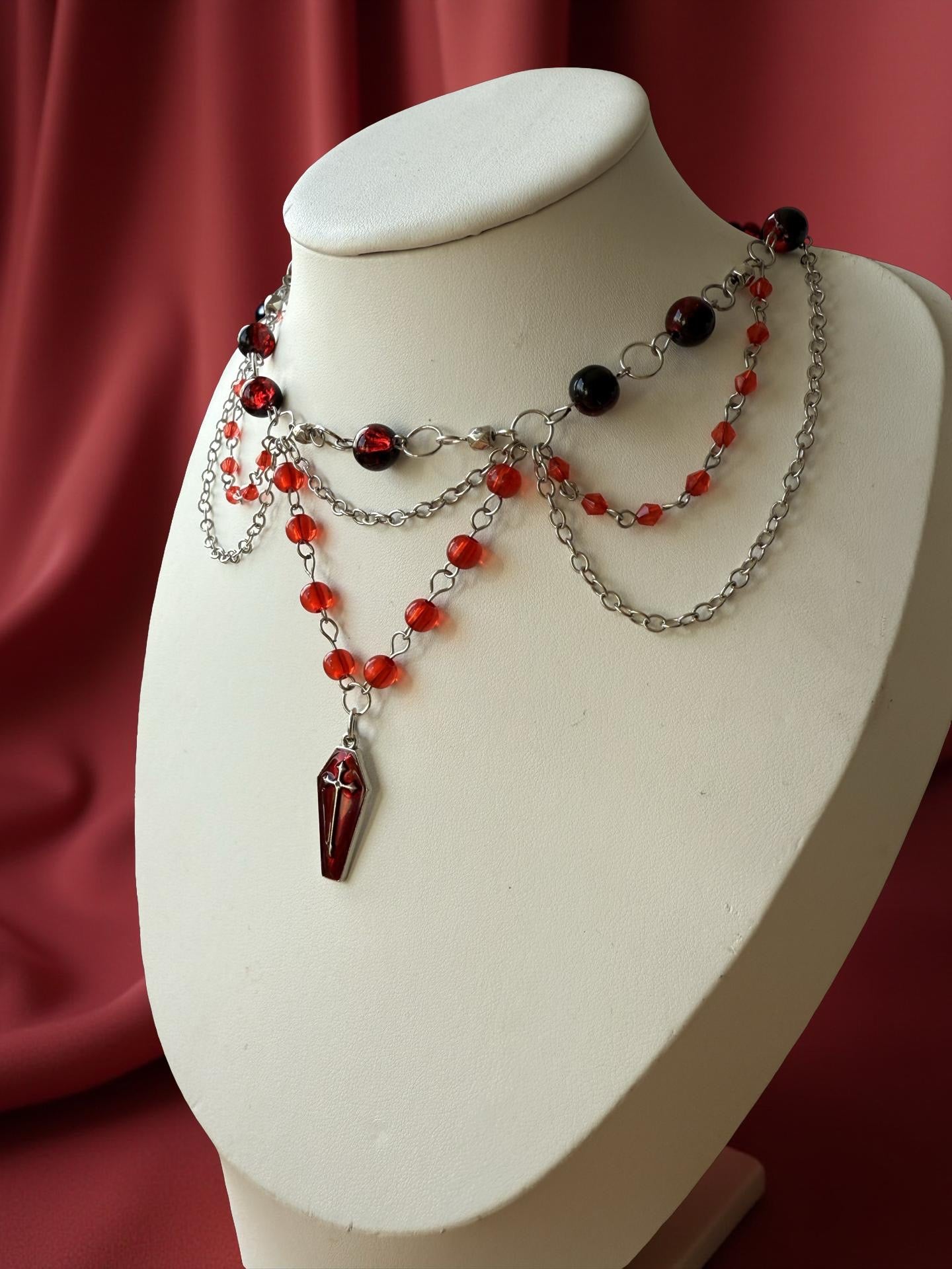 Crimson Nocturne – Gothic Red Coffin Necklace