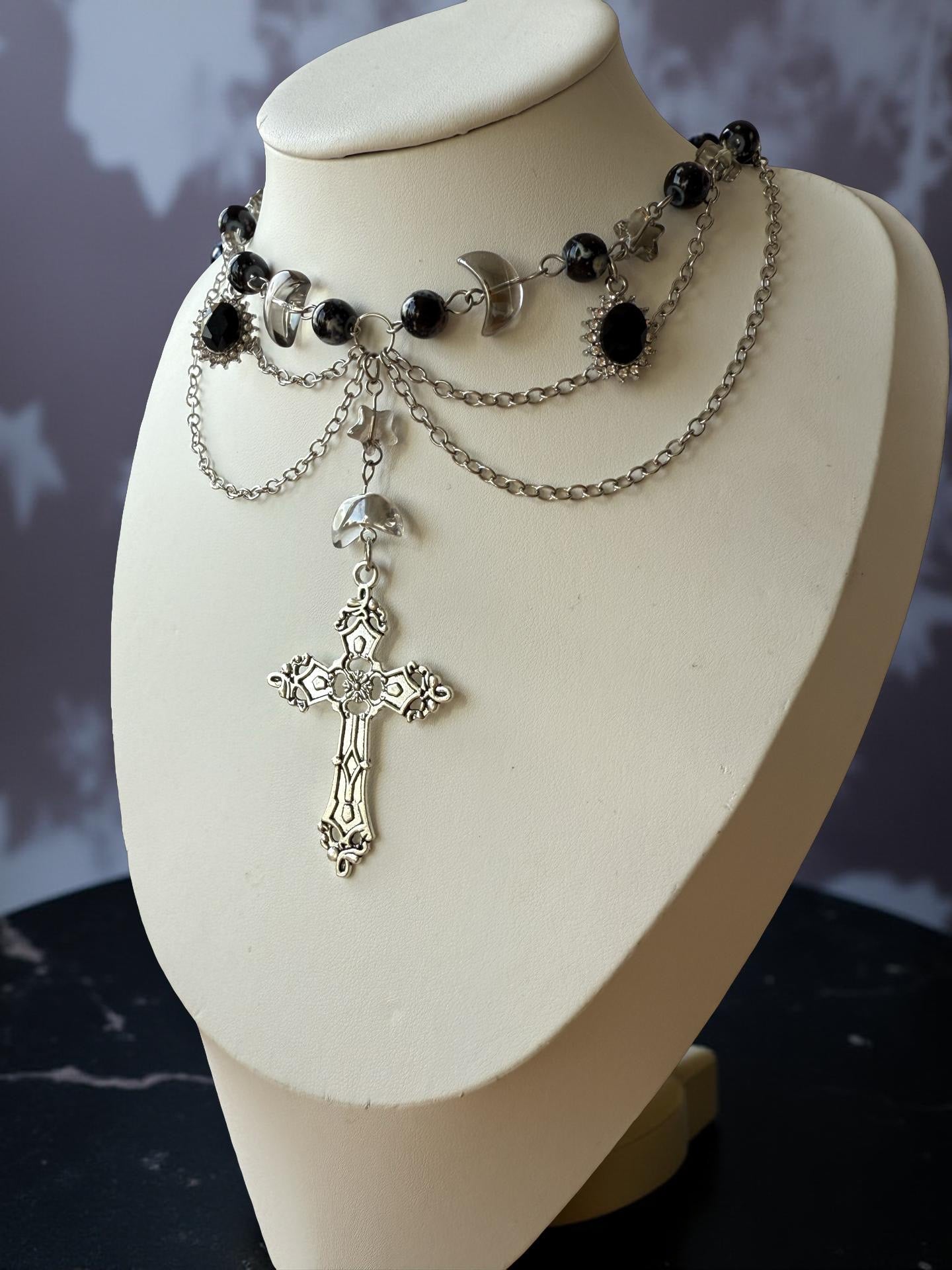 Luna Sanctum – Gothic Moon & Cross Necklace