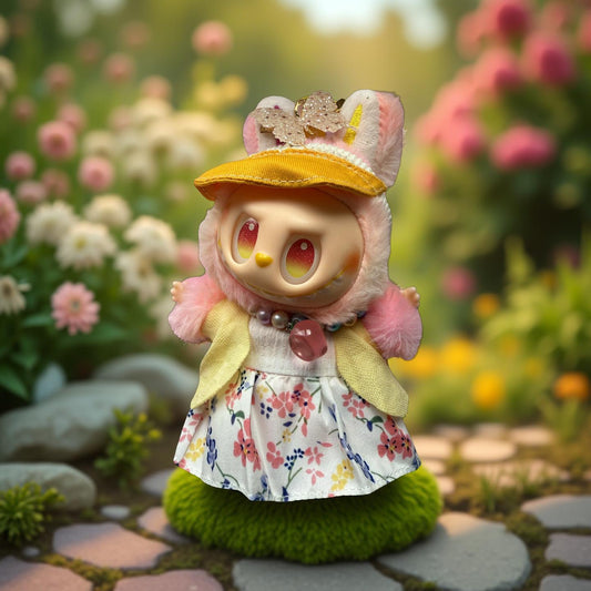 Lafufu Custom Plush – Pink Kitty Hood, Yellow Cap & Floral Dress