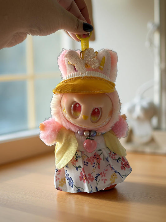 Lafufu Custom Plush – Pink Kitty Hood, Yellow Cap & Floral Dress