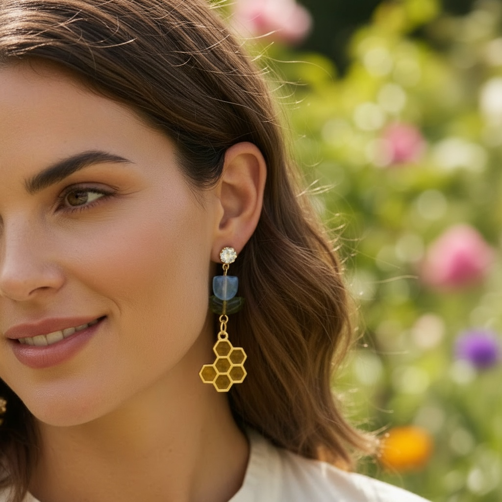 Blue Honey Blossom Bee Earrings
