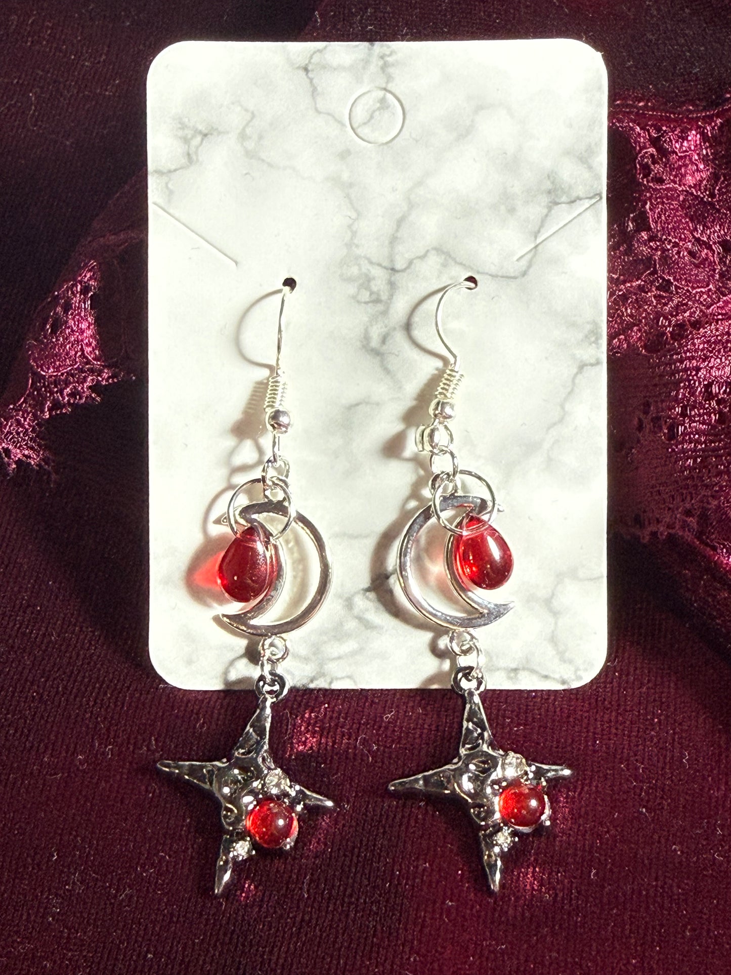 Crimson Morning Star Moon Earrings