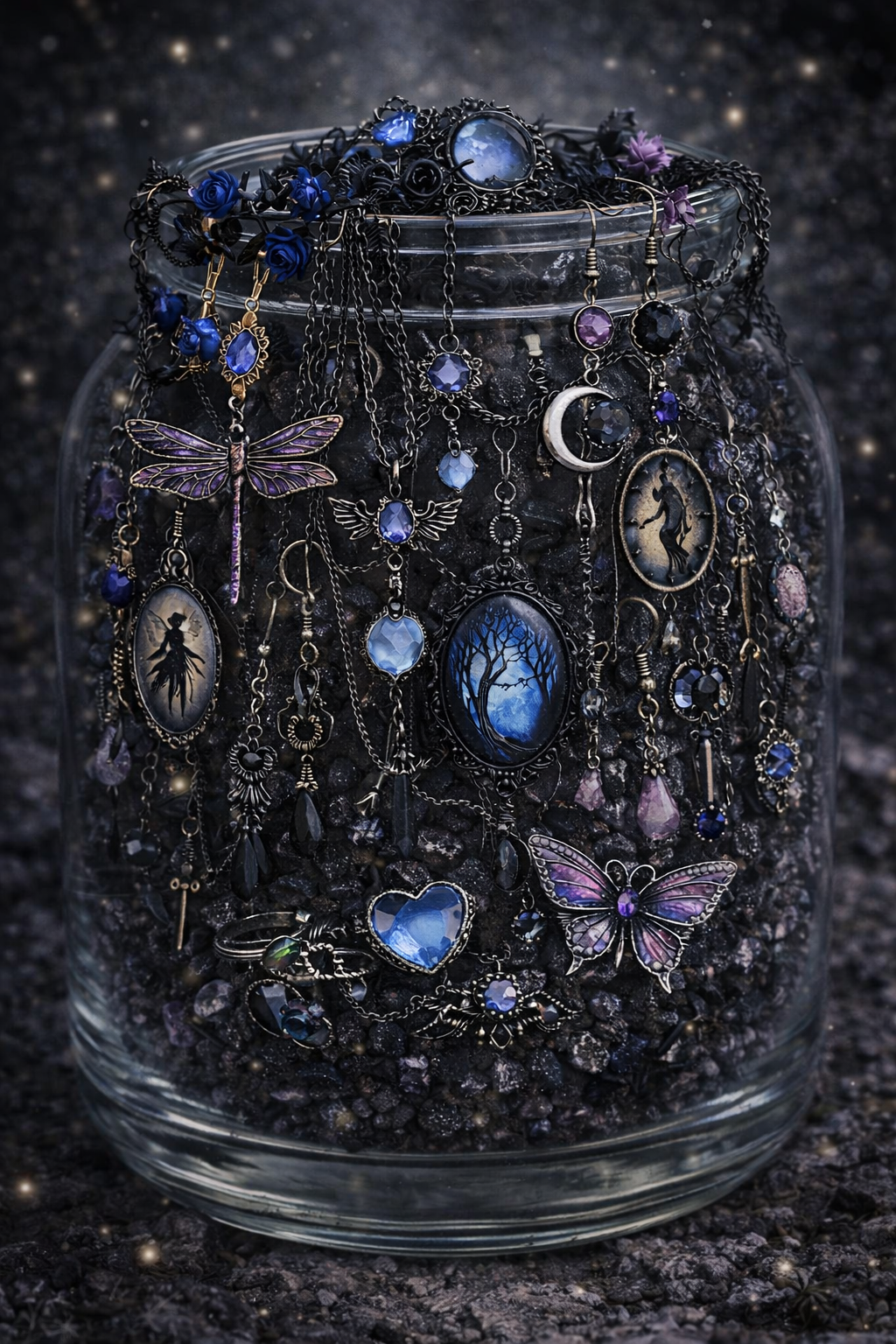 🖤 Dark Fairycore Mystery Jewelry Jar – Handmade & Curated Enchanted Aesthetic 🧚🏽‍♀️🪻🌑