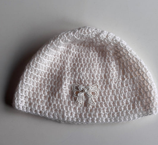 White Knitted Beanie with Lace Bow Accent