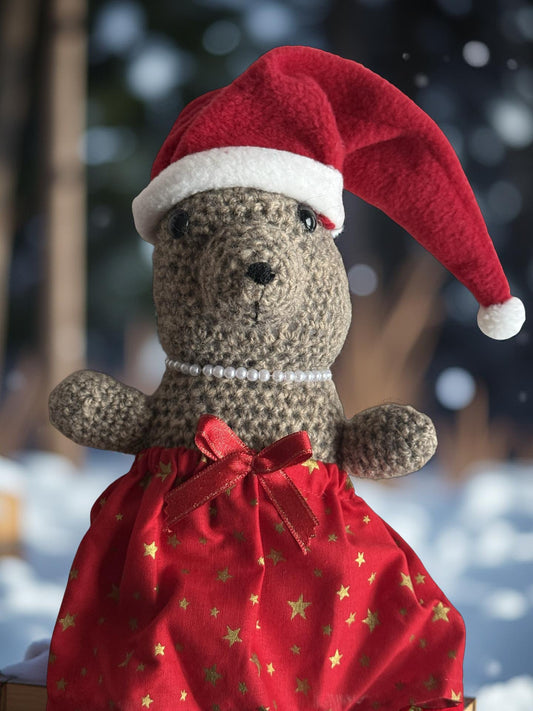 🎄 Handmade Crochet Christmas Bear – Red Star Dress & Santa Hat