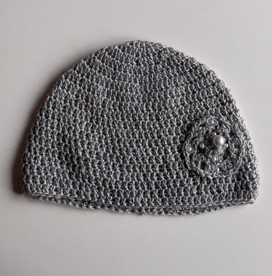 Grey Knitted Beanie with Pearl Flower Accent