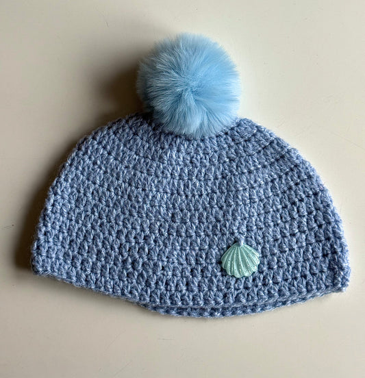 Light Blue Knitted Pom-Pom Beanie with Seashell Accent