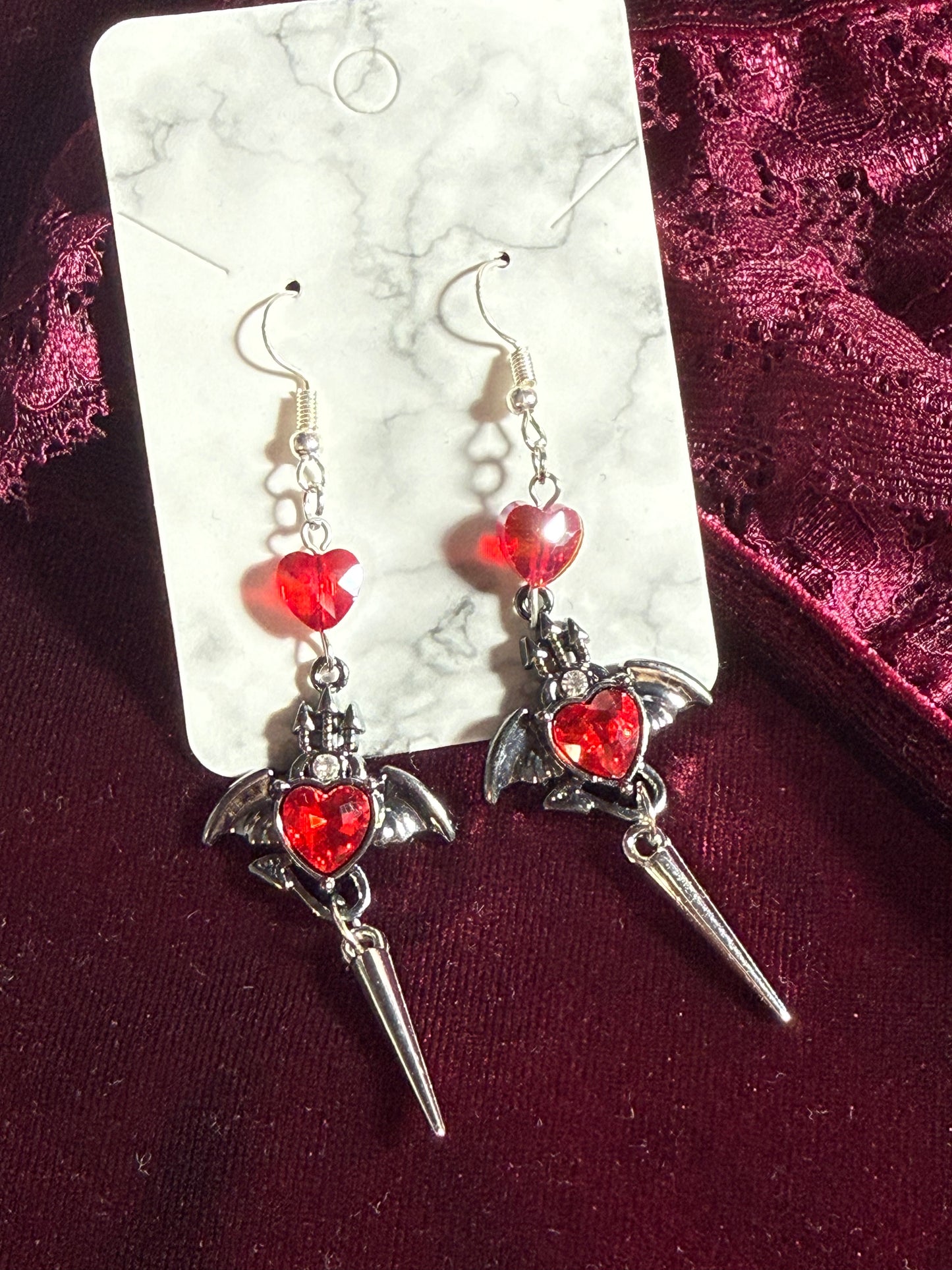 Crimson Heart Bat Dagger Earrings