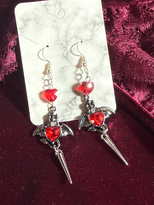 Crimson Heart Bat Dagger Earrings