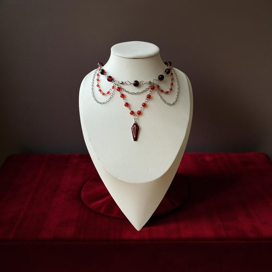 Crimson Nocturne – Gothic Red Coffin Necklace