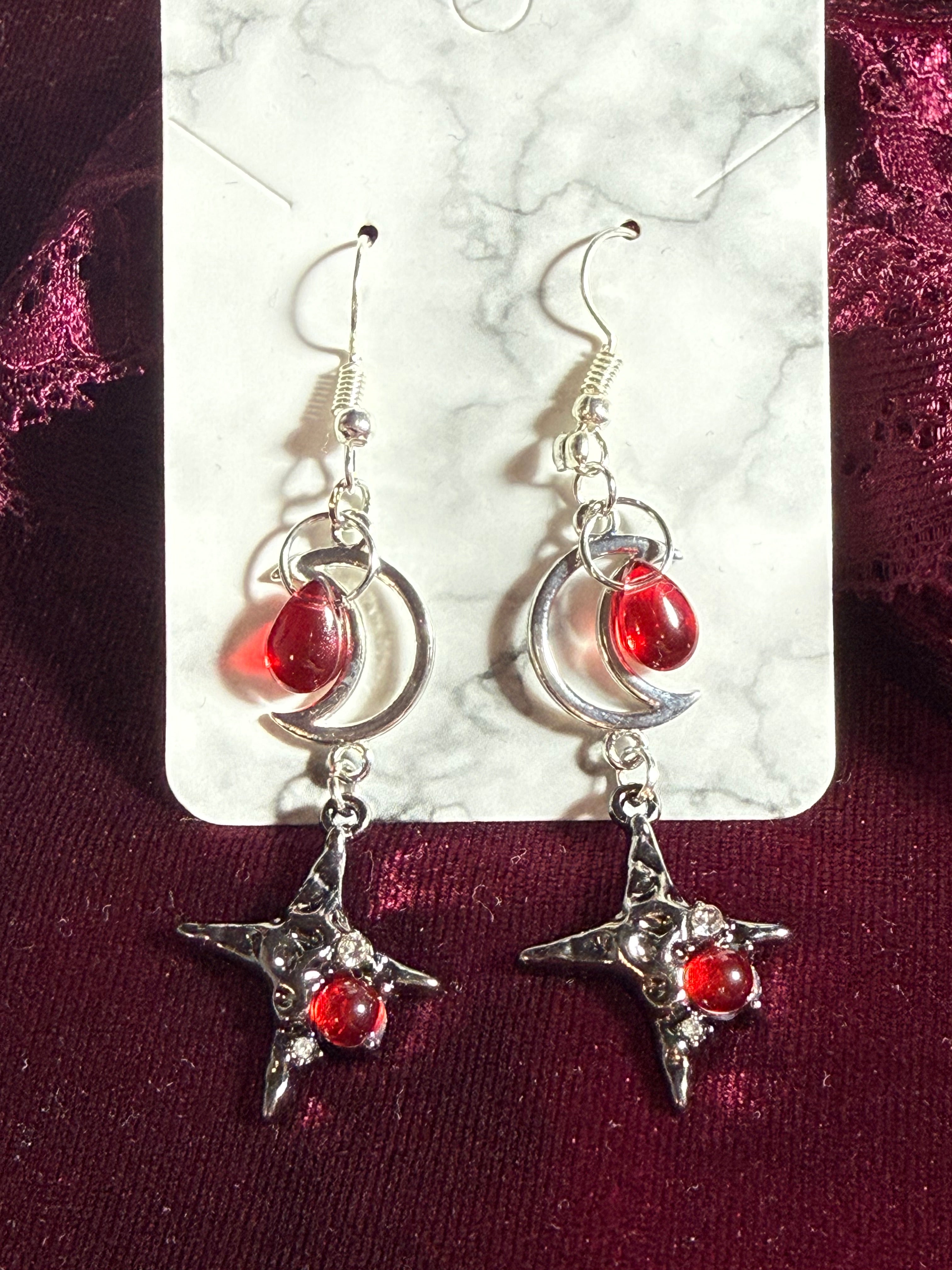 Crimson Morning Star Moon Earrings