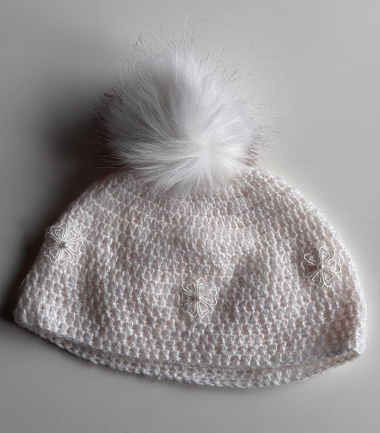 White Knitted Pom-Pom Beanie with Pearl Flower Accents