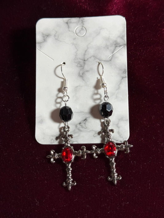 Bloodstone Gothic Cross Earrings