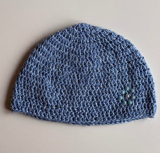 Light Blue Knitted Beanie with Pearl Flower Detail