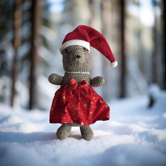 🎄 Handmade Crochet Christmas Bear – Red Star Dress & Santa Hat