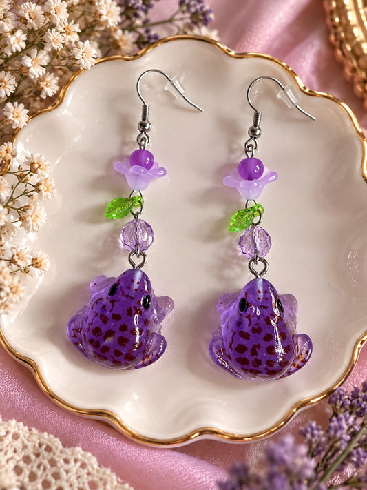 Amethyst purple frog earrings with flowers and leaves