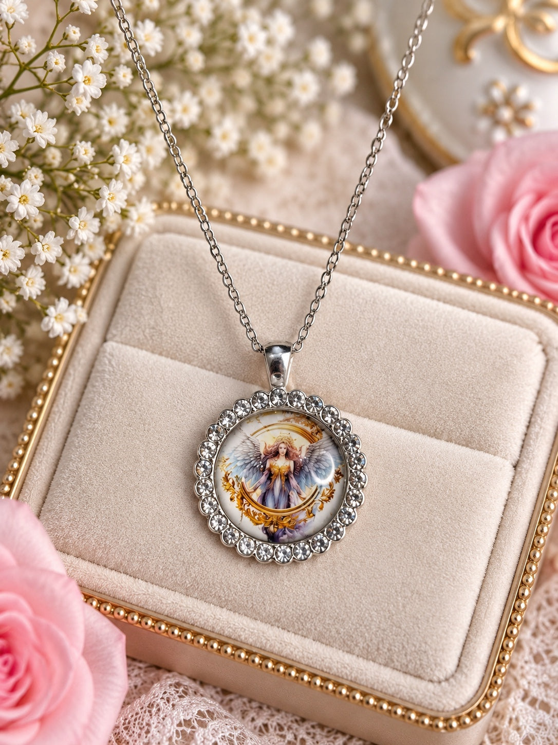 Asteriel Crescent angelcore celestial necklace with winged angel artwork, crescent moon and crystal halo
