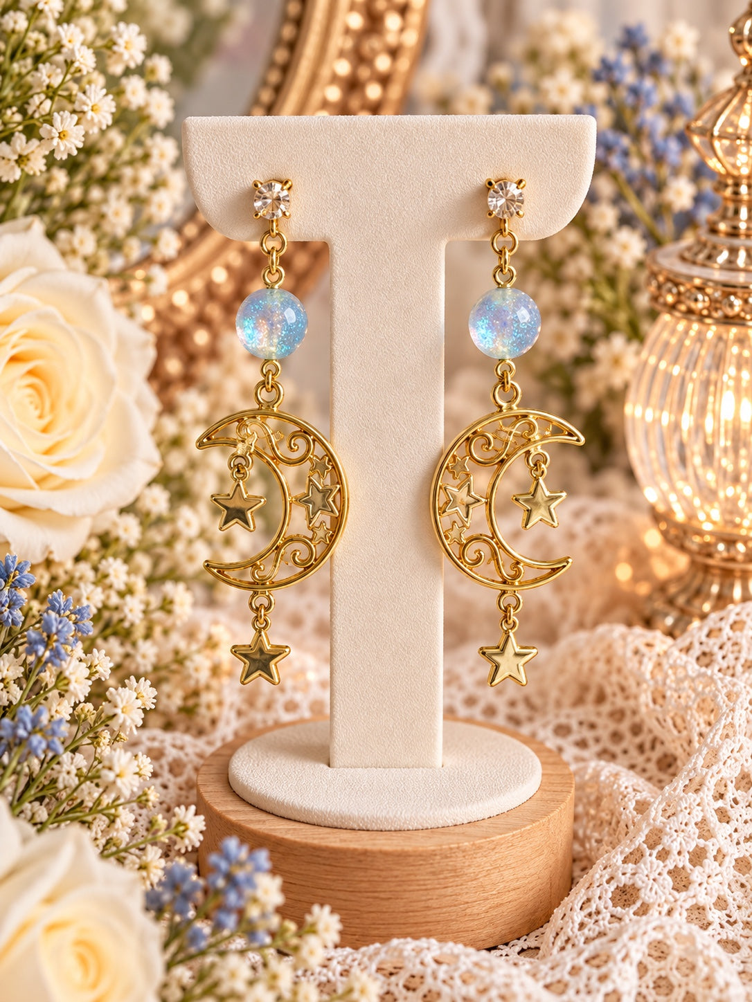 Gold-tone crescent moon and star earrings with shimmering pale blue beads and clear stone studs