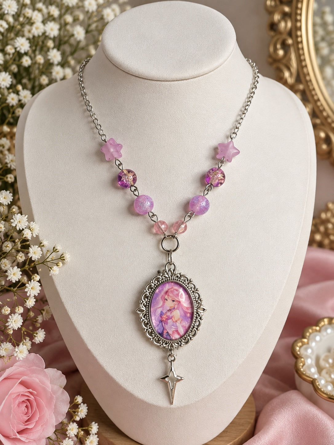 Celestial silver-tone necklace with pink and lilac star beads, magical girl cameo and star pendant