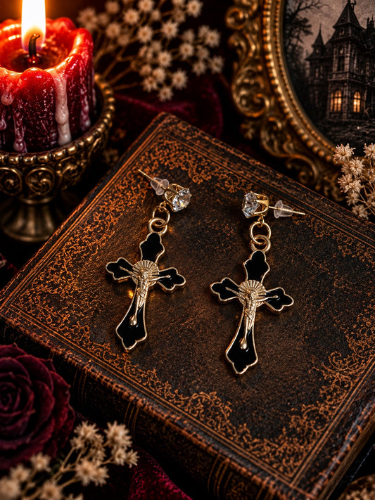 Black and gold cross drop earrings with crystal studs