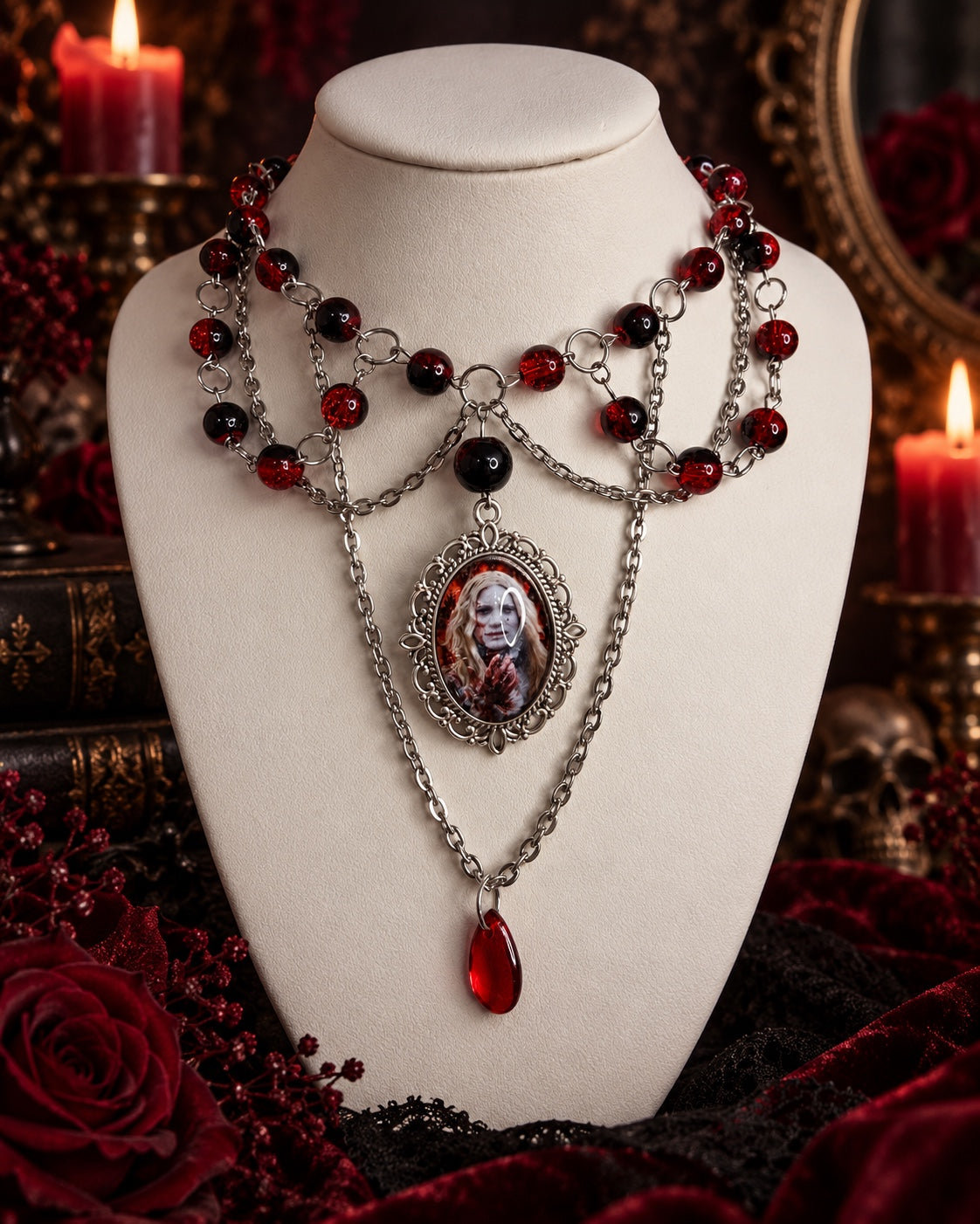 Blood red gothic statement necklace with portrait cameo and teardrop pendant