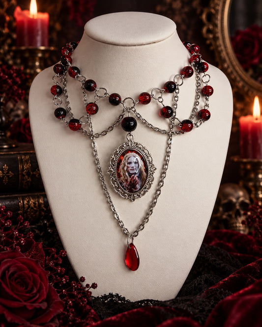 Blood red gothic statement necklace with portrait cameo and teardrop pendant