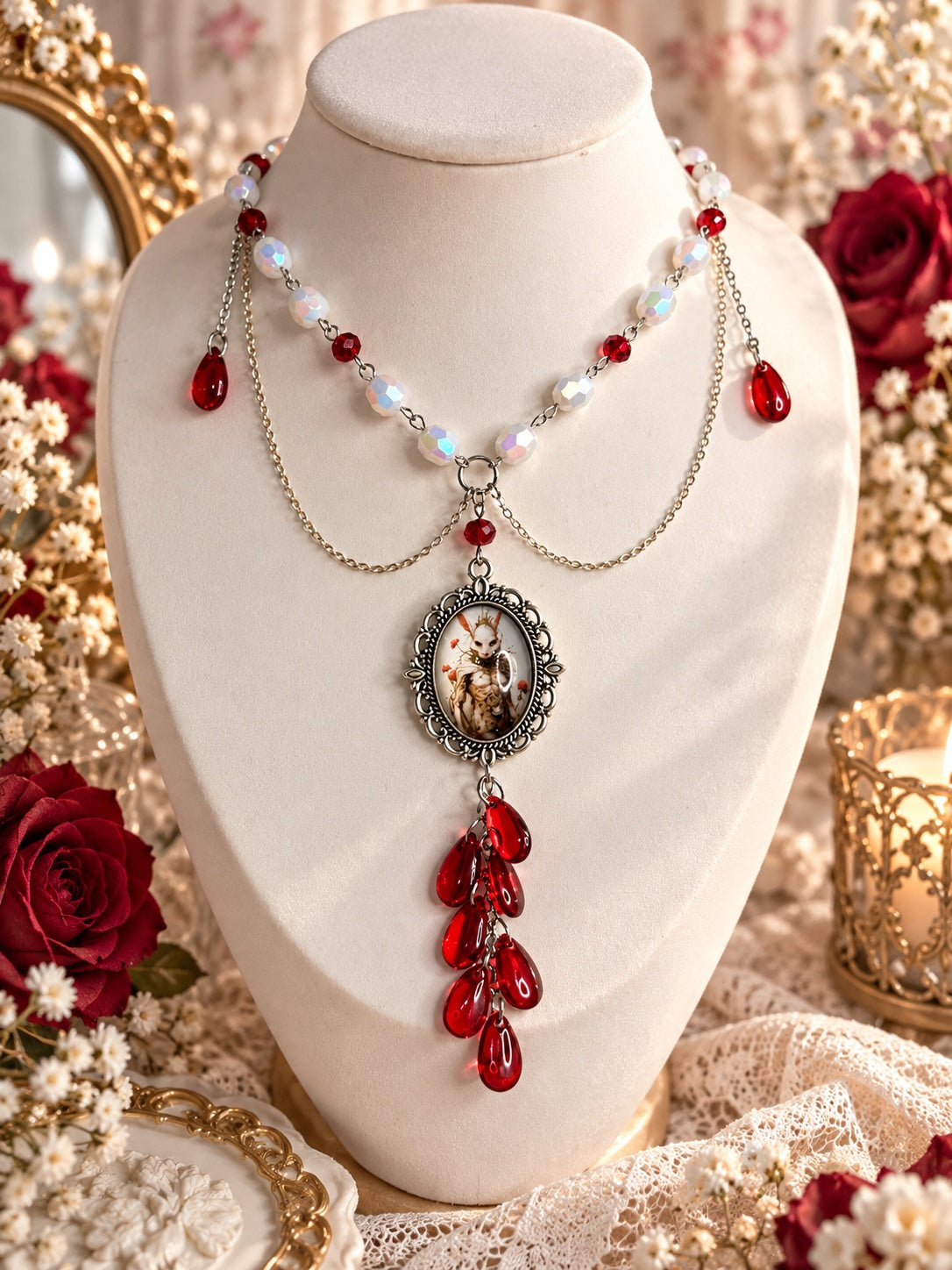 Horror and gothic necklace with an eerie portrait cameo, iridescent white beads, red beads, draped chains and cascading red teardrops