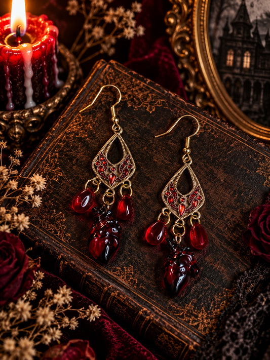 Gothic red and black chandelier earrings with ornate gold-tone frames and dark red drops.