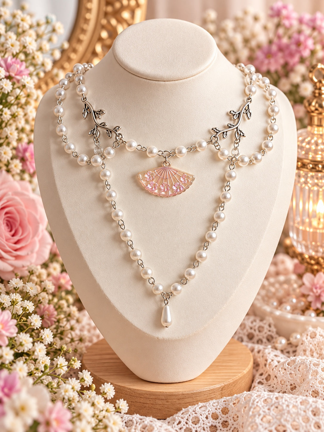 Layered white faux-pearl necklace with silver-tone leafy branches, a pink floral fan and a pearl-effect teardrop