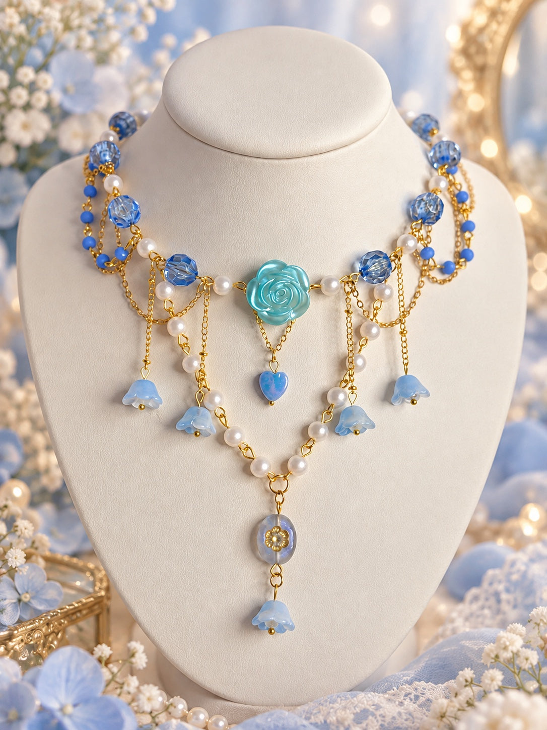 Bluebell Rose Garland Necklace with a turquoise rose, blue faceted beads, white pearl-style strands, blue bell flowers and gold-tone chains