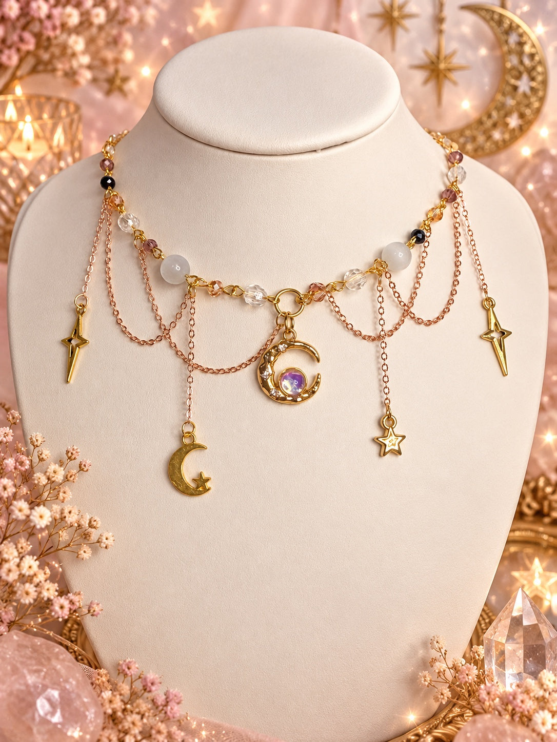 Celestial necklace with gold-tone crescent moons and stars, rose-tone draped chains, blush and white beads and an iridescent moon accent