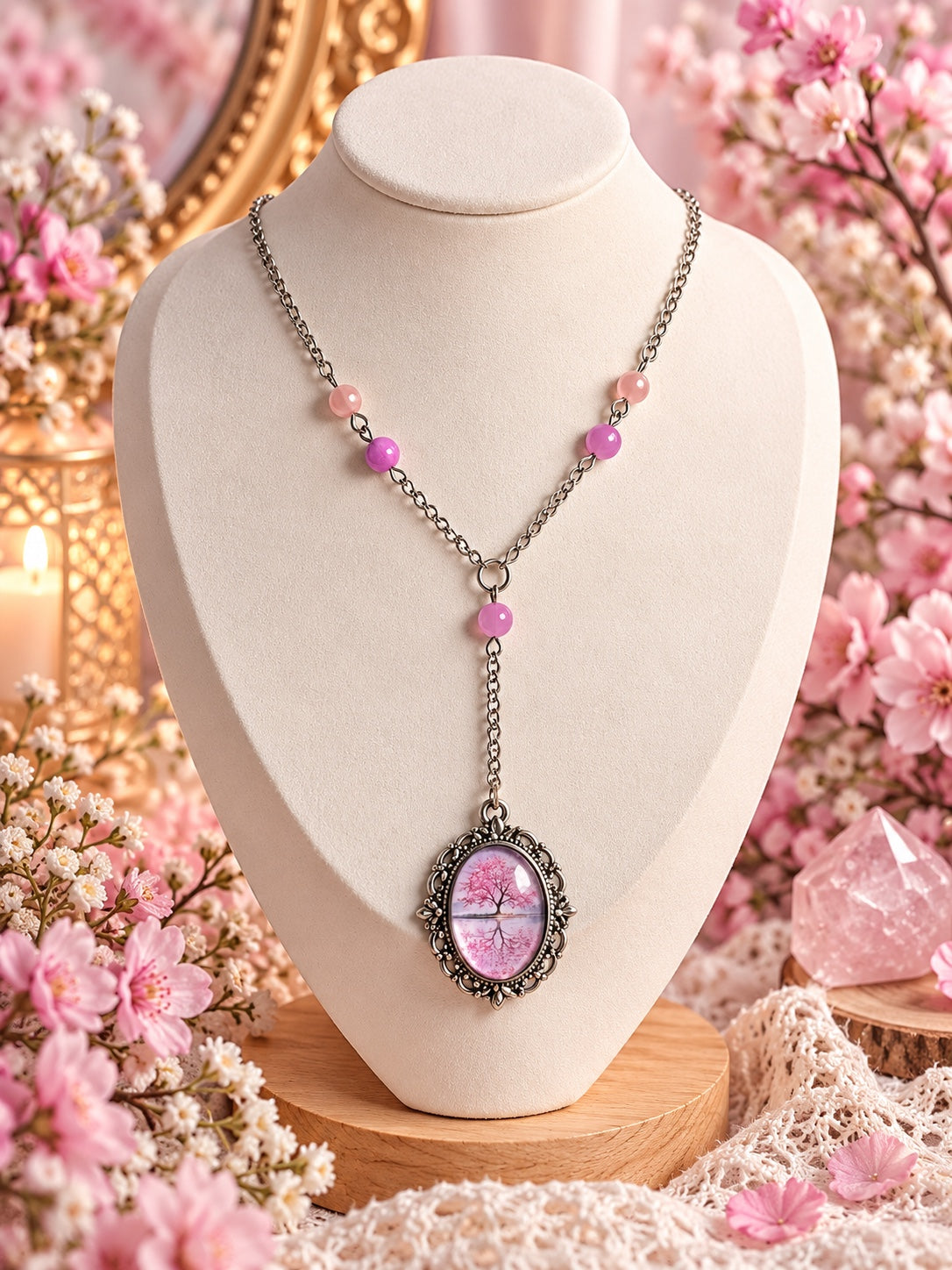 Silver-tone Y necklace with pink beads and an oval cameo of a pink flowering tree reflected in water