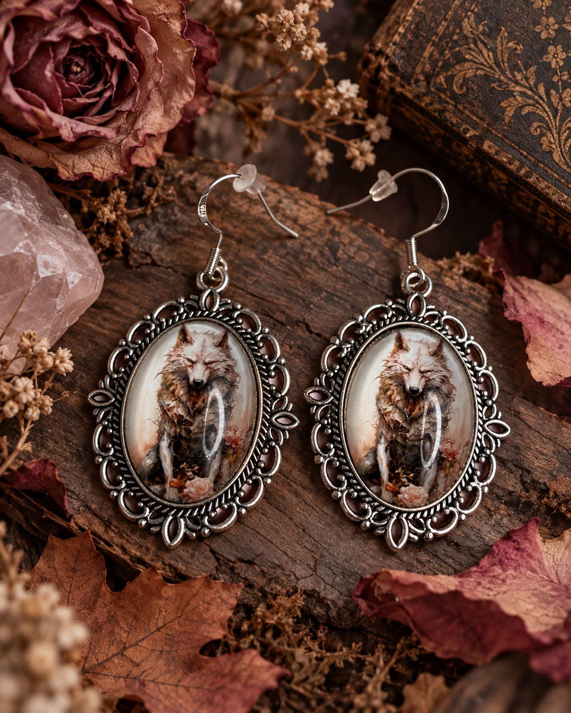 Silver-tone wolf cameo earrings with 925 sterling silver hooks