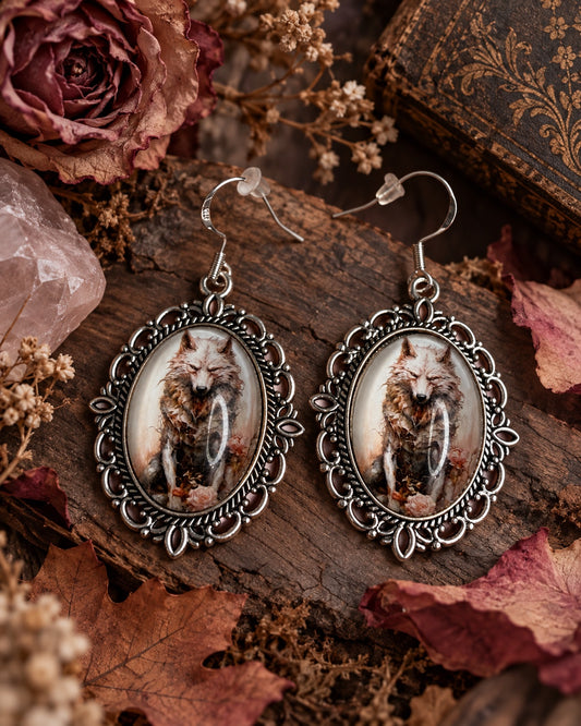 Silver-tone wolf cameo earrings with 925 sterling silver hooks