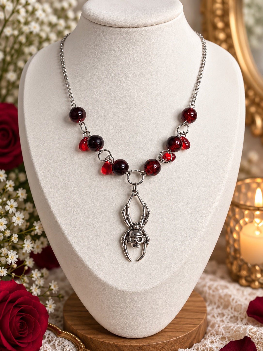 Silver-tone skull spider necklace with deep red round beads and red teardrop charms