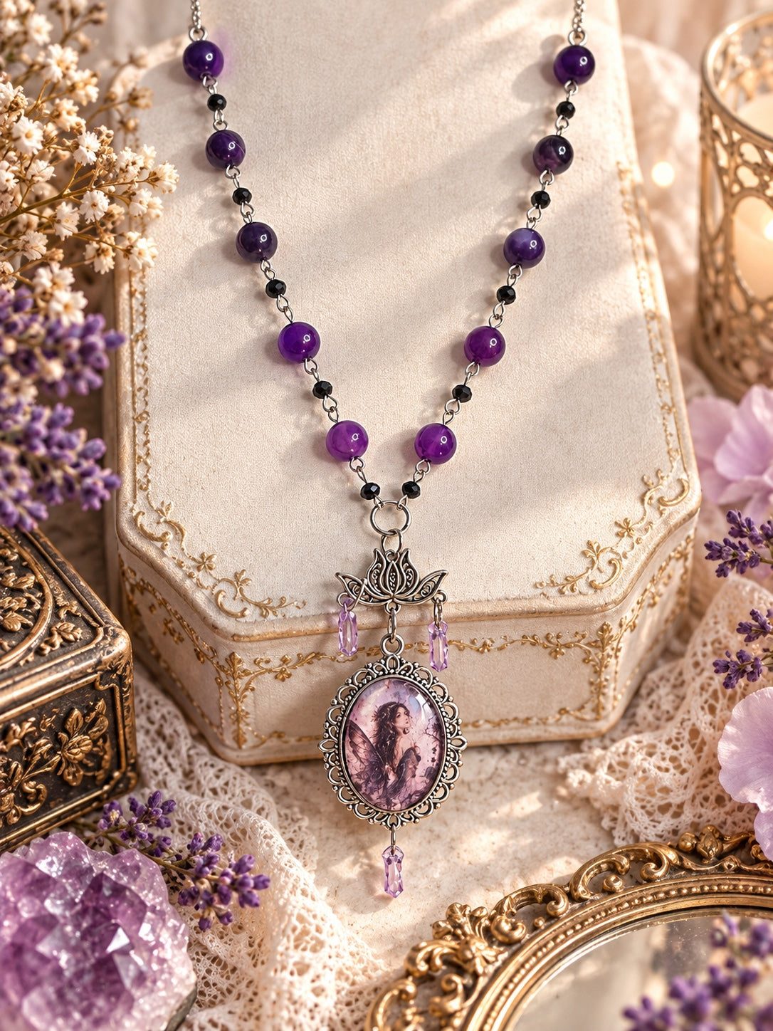 Purple and black beaded necklace with silver-tone lotus connector, oval dark fairy cameo and lavender drops