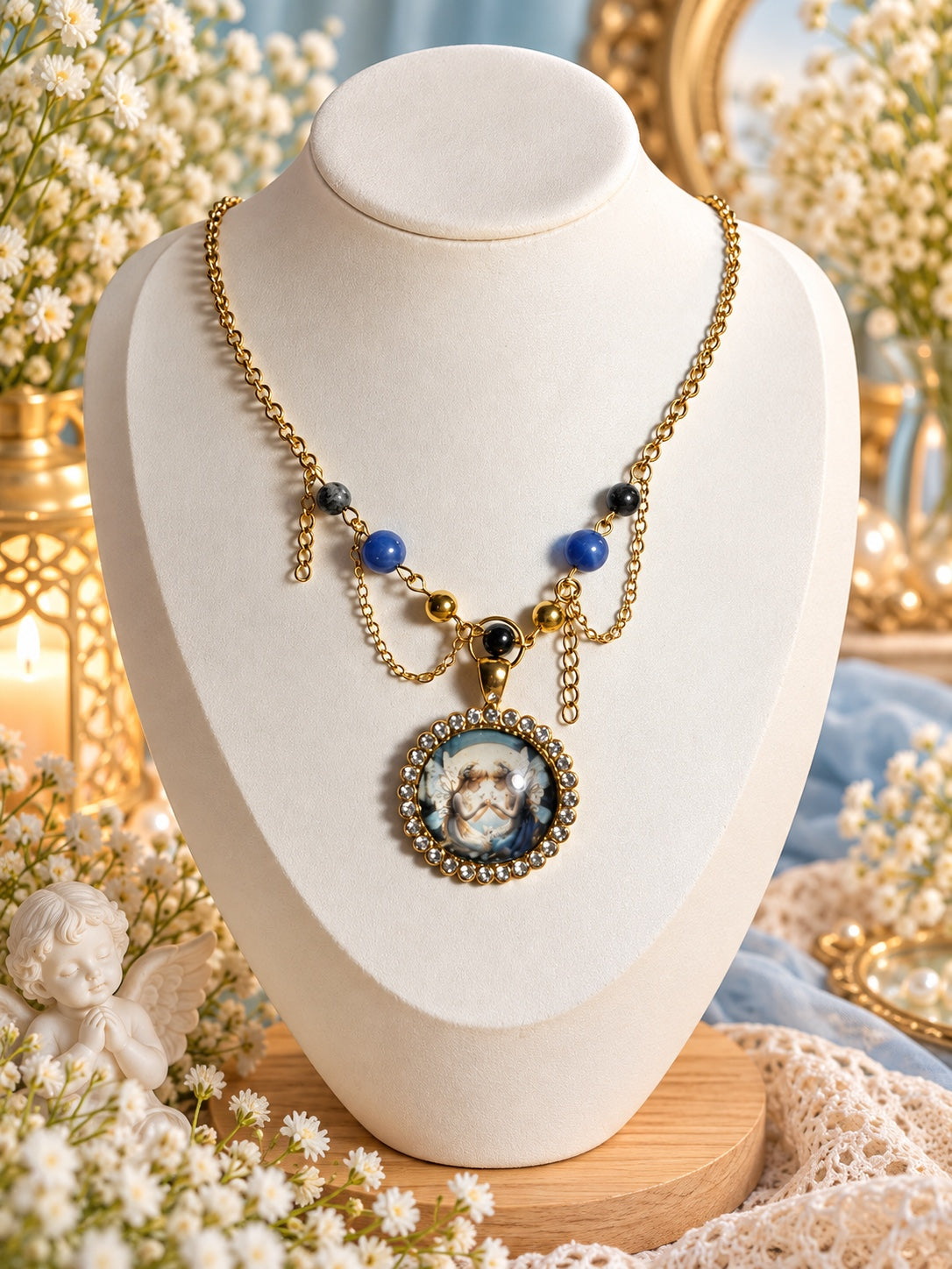 Gold-tone necklace with blue and black beads, draped chains and a round fairy cameo surrounded by sparkling accents