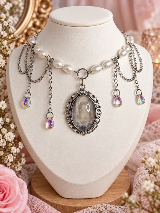 Elysian Pearlfall angelcore statement necklace with faux pearls, silver draped chains and iridescent teardrop charms