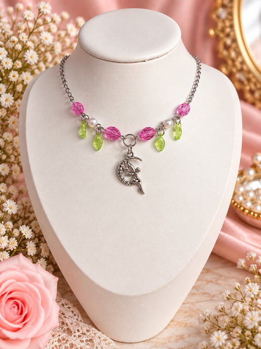 Handmade silver fairy moon necklace with pink beads, green leaf charms and pearls