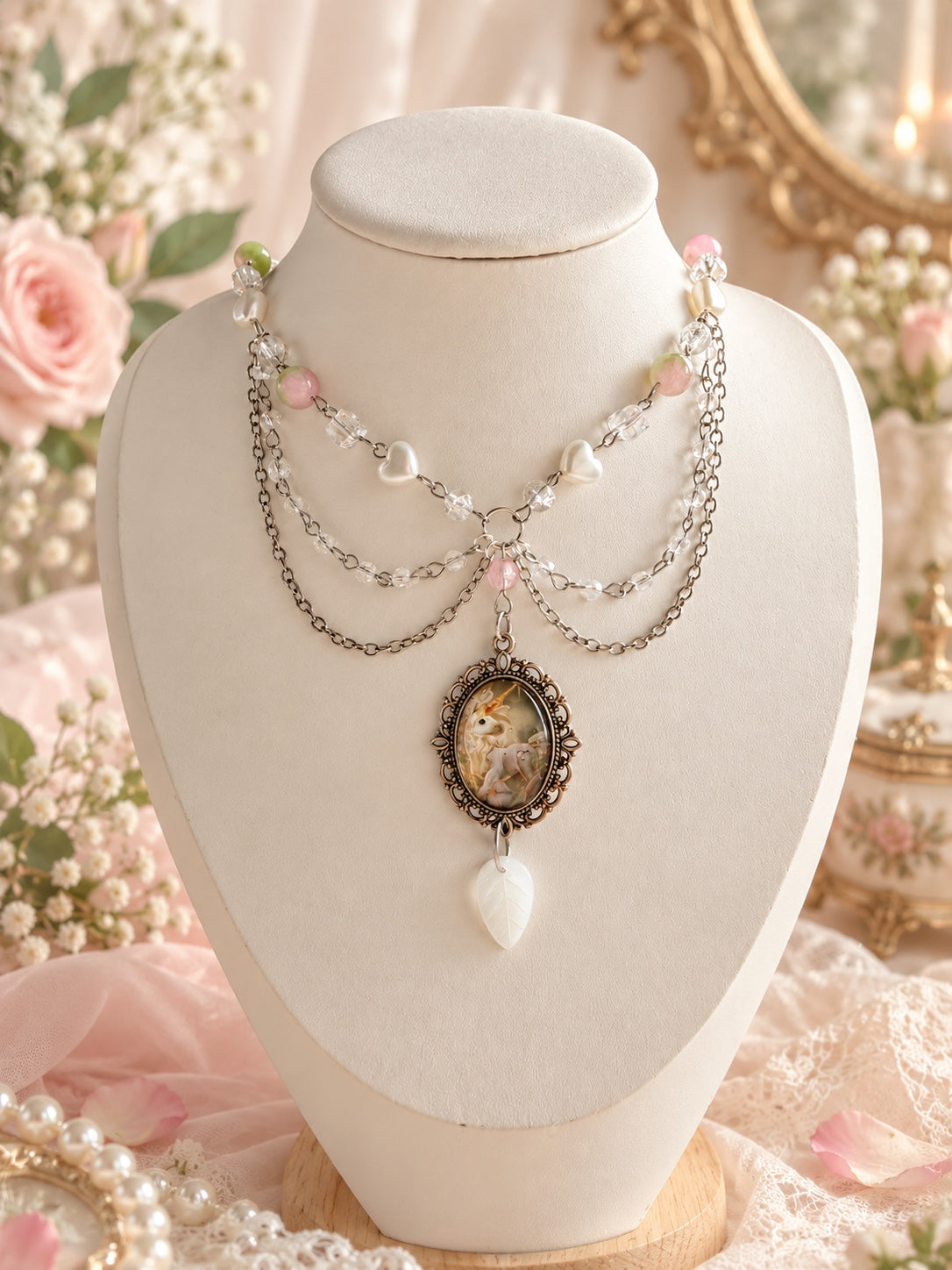 The Moonbloom Hare Necklace – fairycore bunny cameo necklace with pink and white beads and layered silver-tone chains