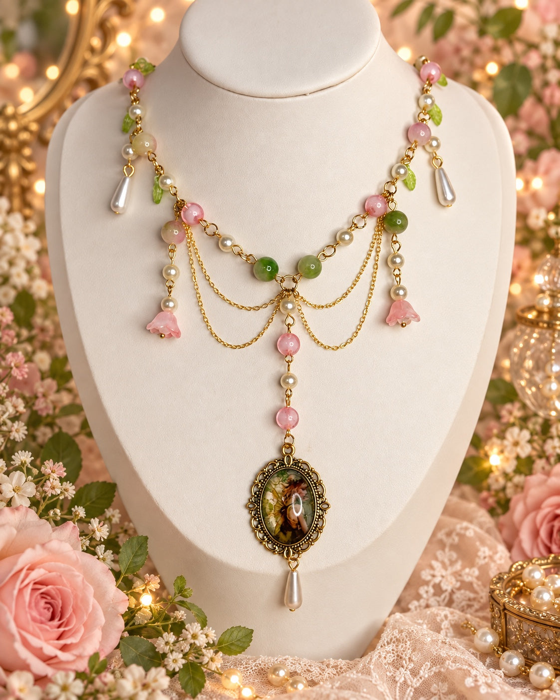 Gold-tone fairy cameo necklace with pink and green beads, pearl-style drops, pink flowers and draped chains