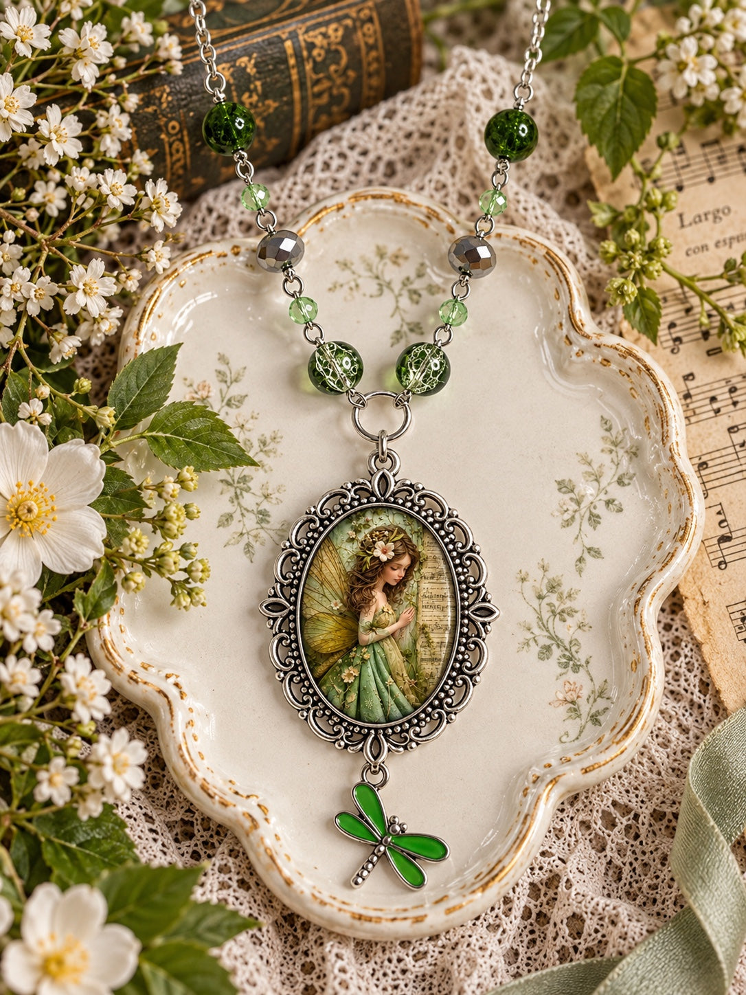 Fernsong Fairy Necklace with green beads, silver-tone fairy cameo and green dragonfly charm