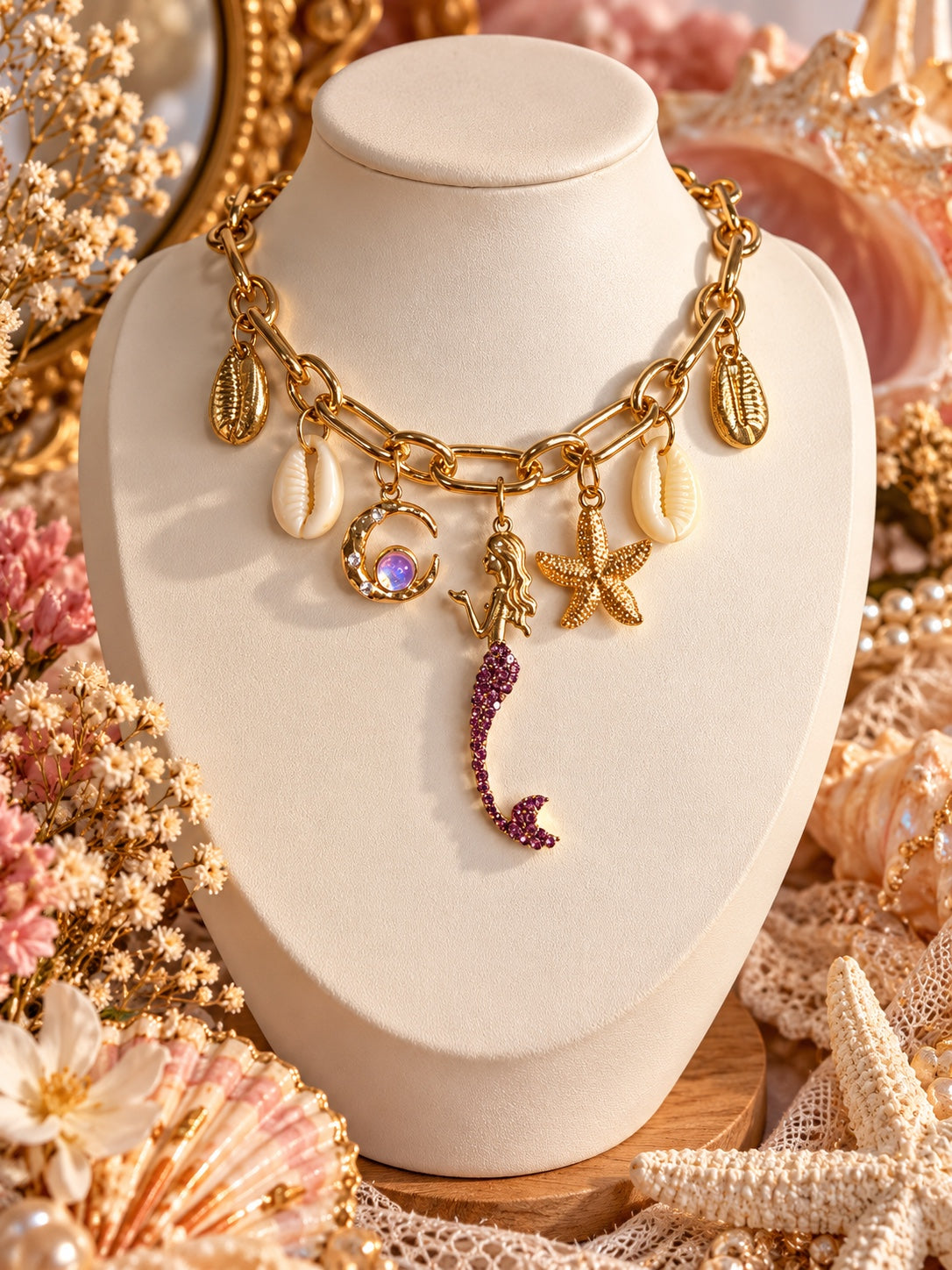 Gold-tone chunky chain necklace with a purple-tailed mermaid, crescent moon, starfish and cowrie shell charms