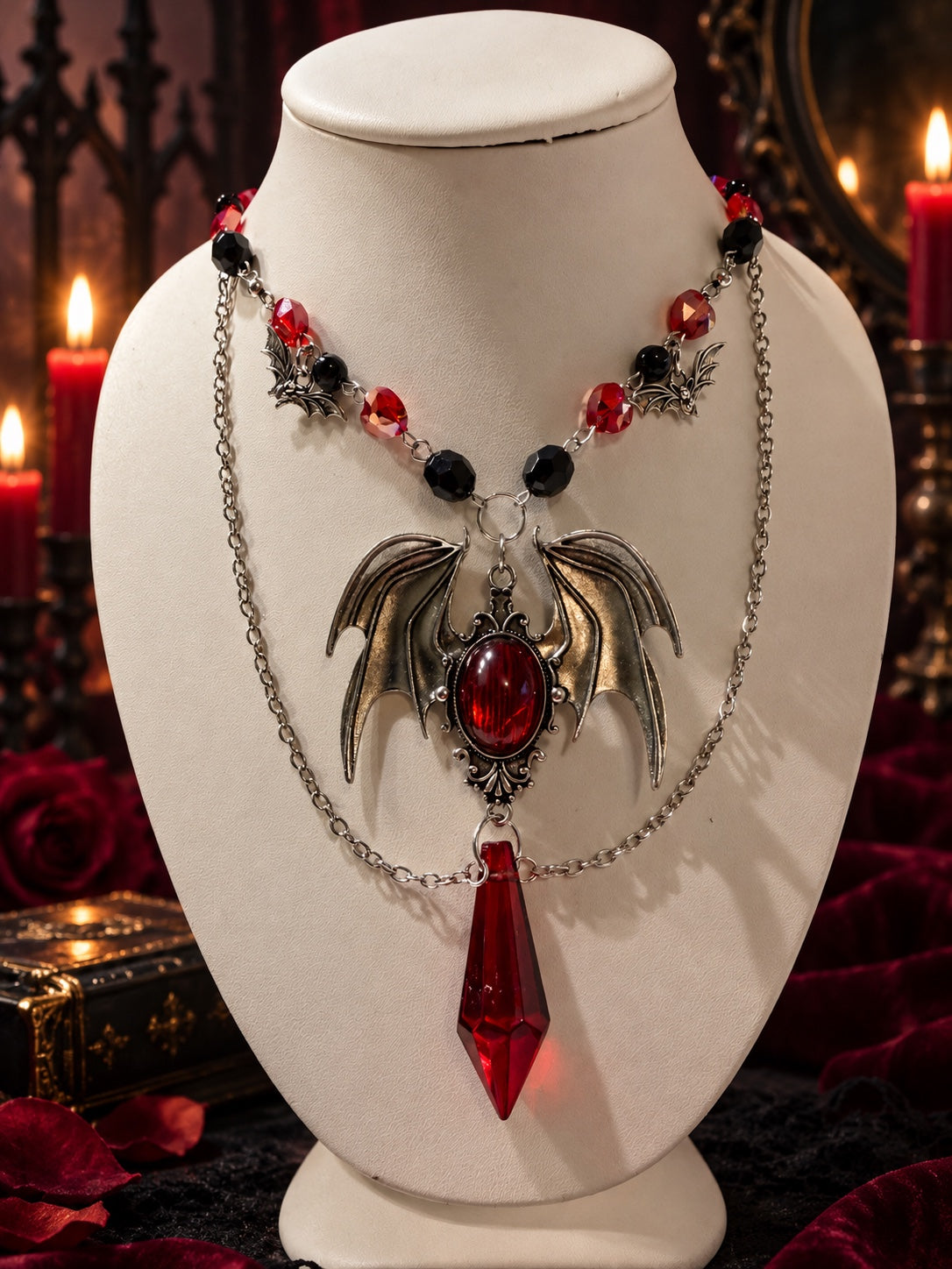 Handmade gothic statement necklace with silver bat wings, red crystal centerpiece, black and red beads, and a long red drop pendant