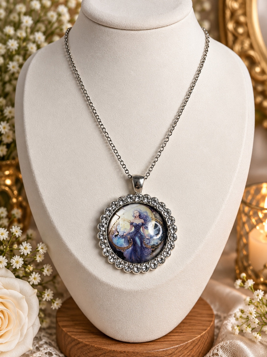 Silver-tone celestial cameo necklace with blue and violet artwork and a clear rhinestone border